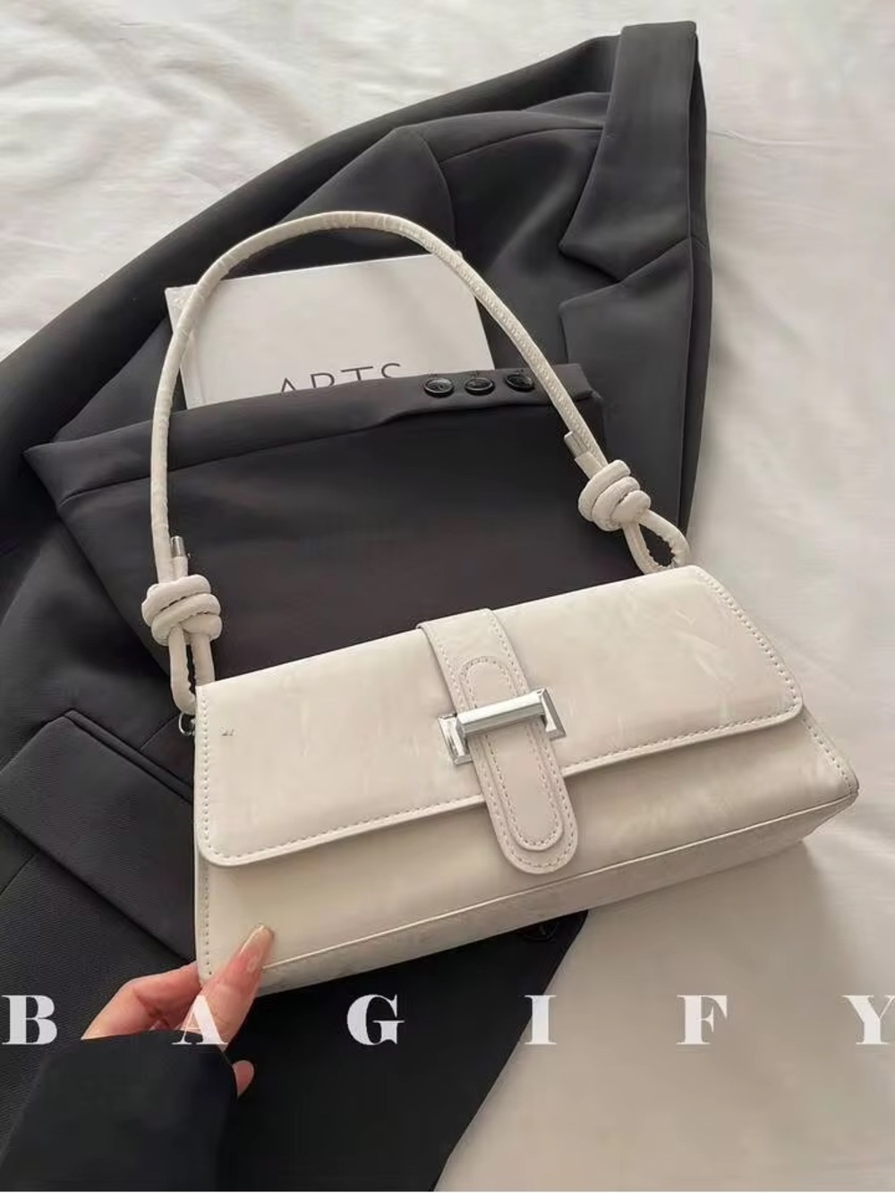 Elegant Cream Shoulder Bag with Knot Strap